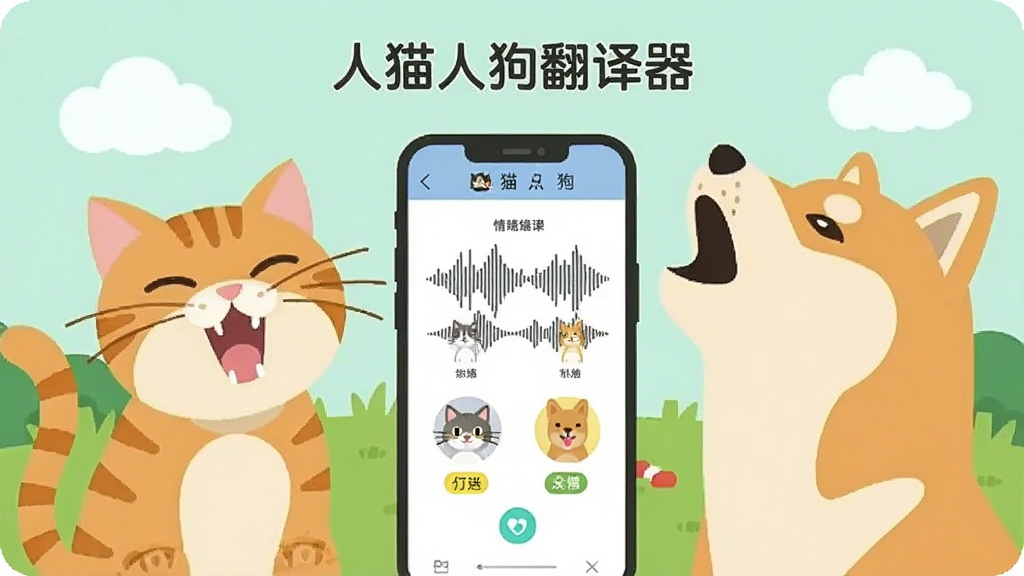 一幅扁平风格插画,画面左侧是一只橘猫张嘴喵叫,右侧是一只柴犬抬头吠叫,中间是一台智能手机屏幕显示人猫人狗翻译器的声纹波形图与情绪标签,背景为淡绿色草地与云朵,画面中带有