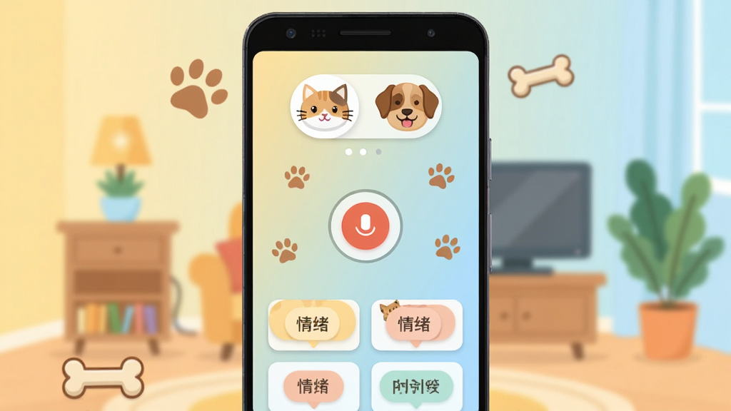一张手机应用界面展示图,画面中央是一部竖屏安卓手机,屏幕内显示人猫人狗翻译器主界面,顶部有猫咪与狗狗卡通头像切换按钮,中间是圆形录音按钮,下方排列情绪标签卡片,背景为浅黄色与淡蓝色渐变的温馨居室场景,风格为扁平插画,细节包含猫爪印与狗骨头装饰元素,画质清晰干净,无多余元素