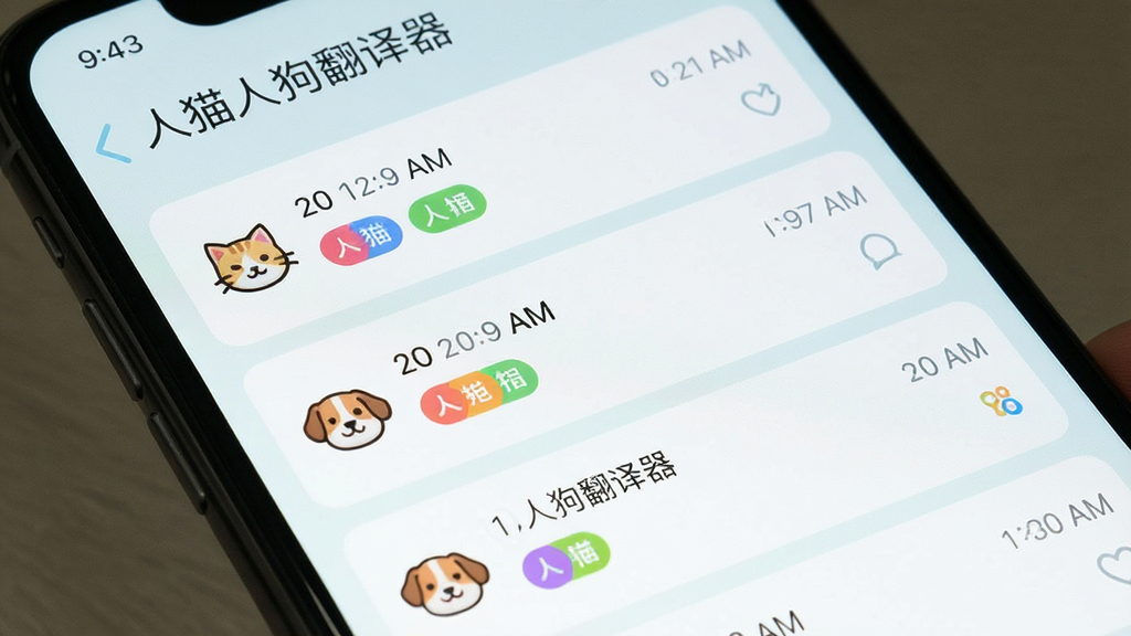 一张手机界面细节图,展示人猫人狗翻译器的历史记录页面,列表中排列多条带时间戳的翻译记录,每条记录配有猫咪或狗狗小图标与彩色情绪标签,界面风格为清新浅色卡片式设计,画面中包含