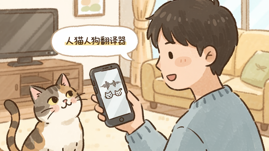 一张温馨场景插画,画面中一位年轻主人手持手机对着宠物说话,手机屏幕显示声波转换为猫叫符号,旁边的猫咪歪头倾听,背景为居家客厅,风格为柔和手绘,画面中带有