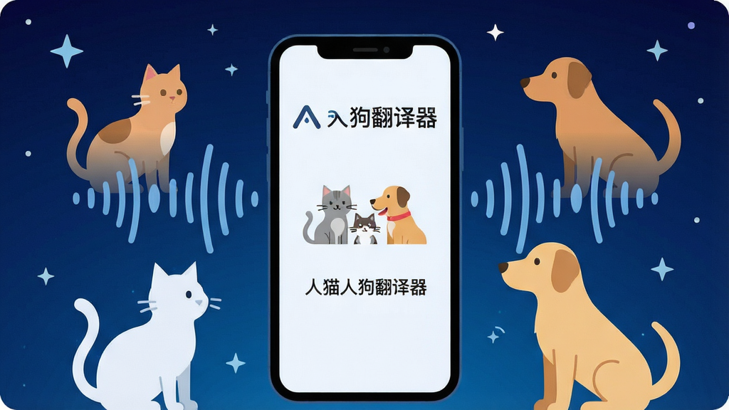一幅科技感扁平插画,画面中央是一部手机,周围环绕着猫咪与狗狗的卡通剪影和声波线条,手机屏幕显示人猫人狗翻译器的离线模式标识,背景为深蓝色渐变星空,画面中带有