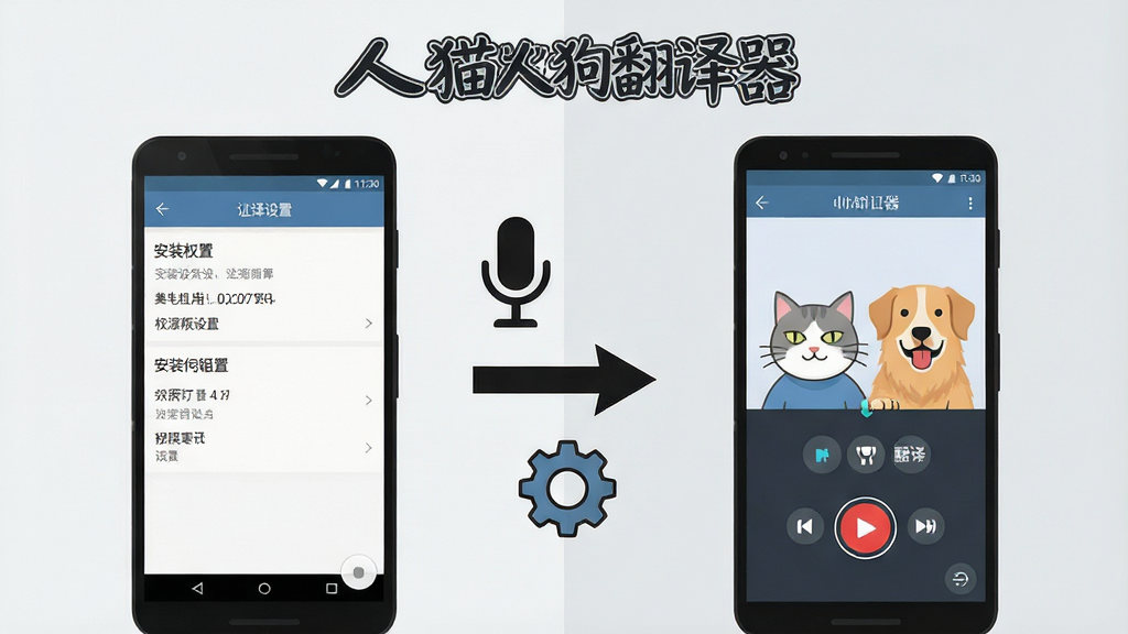 一张信息图风格插画,画面分为左右两部分,左侧展示安卓手机安装权限设置界面,右侧展示人猫人狗翻译器录音翻译界面,中间用箭头连接,配以麦克风图标与齿轮图标,背景为浅灰色,画面中包含