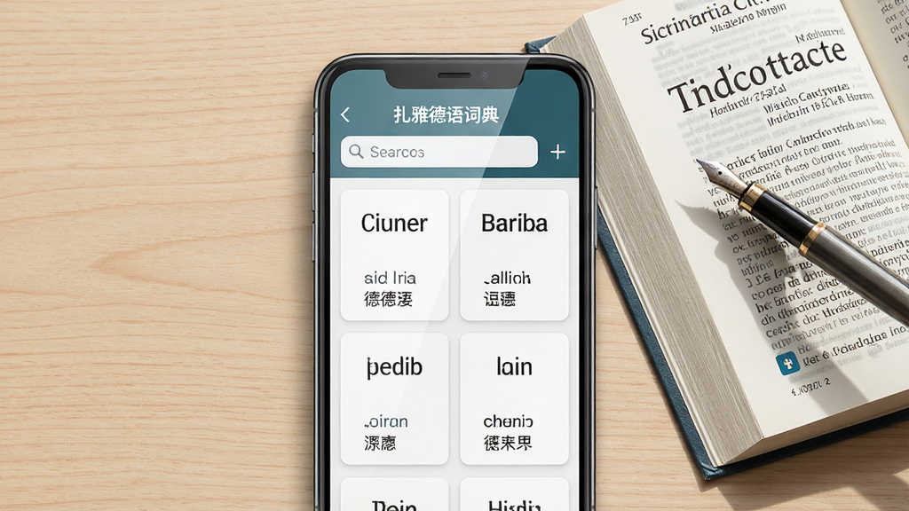 画面中央展示一部智能手机,屏幕内呈现词典应用界面,界面顶部有搜索框,下方排列德语单词卡片与中文释义,手机旁放置一本打开的纸质德语词典与一支钢笔,背景为浅木色桌面,风格为清爽写实的产品展示风,细节包括屏幕反光、纸张纹理、笔尖阴影,画质清晰干净,画面中不出现多余装饰元素,整体布局居中对称,文字内容以“扎雅德语词典”作为应用标题显示在屏幕顶部