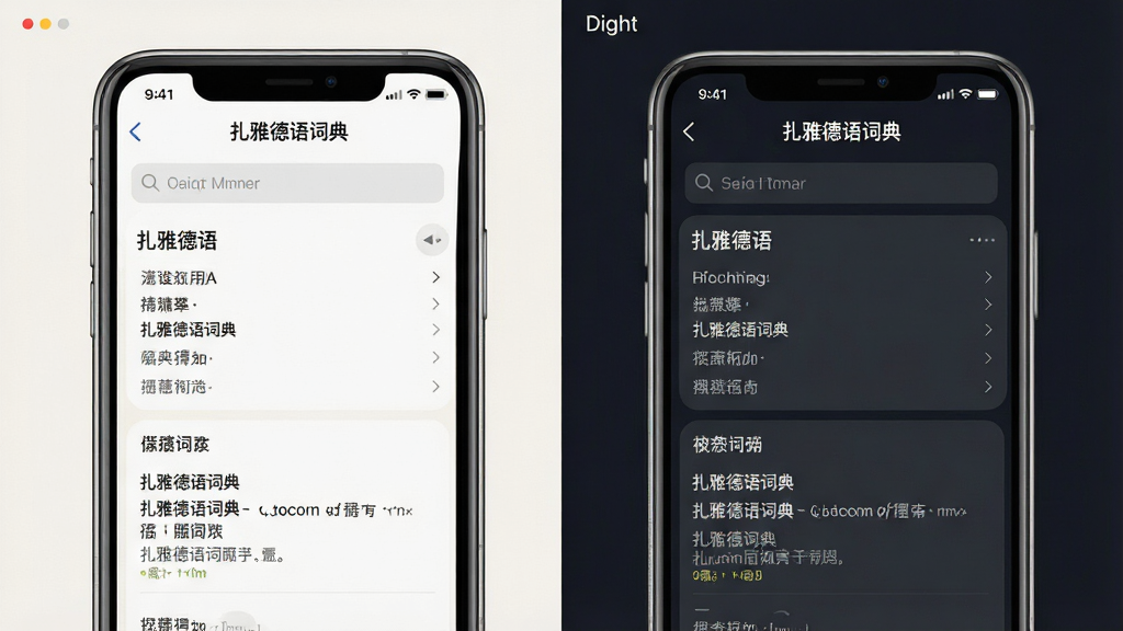 画面展示两部并排的手机,左侧手机显示词典日间模式界面,右侧手机显示夜间模式界面,两个界面布局一致,搜索框、词条列表、释义区域排列整齐,背景为左右分割的浅色与深色对比,风格为产品界面展示风,细节包括屏幕边框的金属质感、界面元素的圆角处理、夜间模式的深灰底色与浅色文字对比,画质清晰锐利,屏幕顶部均显示“扎雅德语词典”字样,整体构图平衡,无多余装饰