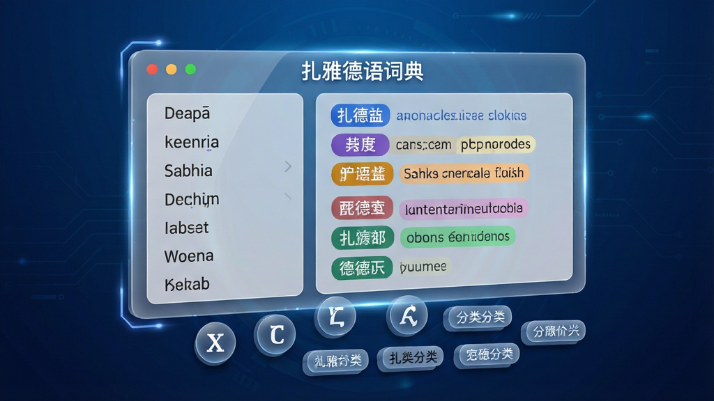 画面主体为一块悬浮的半透明数据面板,面板左侧列出德语单词列表,右侧展开多语种释义对照区域,中文与英文释义以不同颜色标签区分,面板下方漂浮着若干词性图标与分类标签,背景为深蓝色渐变科技风格,细节包括面板边缘的光晕效果、标签的立体投影,画质高清干净,画面中央以“扎雅德语词典”字样作为面板标题,整体布局层次分明,无多余装饰元素