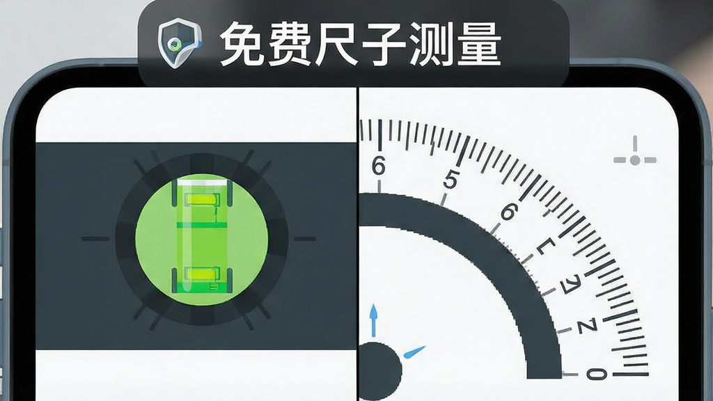一张展示手机屏幕上同时显示水平仪和量角器功能的图片,画面主体是手机界面,一半显示绿色气泡水平仪,另一半显示半圆形量角器刻度,布局为分屏展示,风格为扁平化UI设计图,细节上强调气泡的居中和量角器的刻度线,画面中带有“免费尺子测量”的文字标识,画质清晰,画面干净,无多余元素