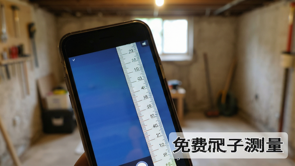 一张展示手机在无网络信号环境下使用尺子测量功能的场景图,画面主体是一部手机屏幕显示尺子刻度,背景是模糊的户外或地下室环境,布局突出手机主体,风格为写实生活场景摄影,细节上强调手机屏幕的亮度和刻度清晰度,画面中带有“免费尺子测量”的文字标识,画质清晰,画面干净,无多余元素