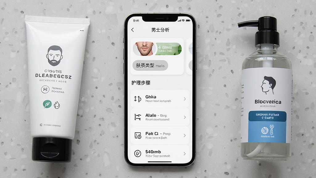 手机屏幕显示男士理容应用的肤质分析结果页面,包含肤质类型标签与护理步骤列表,旁边摆放洁面乳与须后水,布局手机居中,背景为浅灰色台面,风格干净专业,细节突出文字卡片与图标,画质清晰,无多余元素