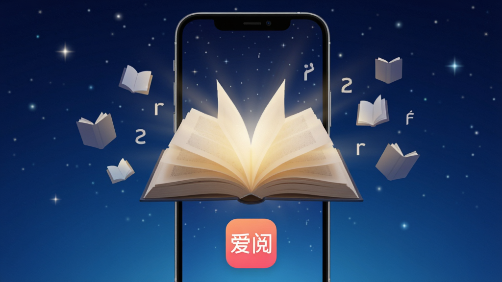手机屏幕中央展示一本翻开的电子书,书页散发柔和暖光,周围环绕漂浮的书本剪影与文字符号,背景为深蓝色渐变星空,画面风格清新简约,主体突出