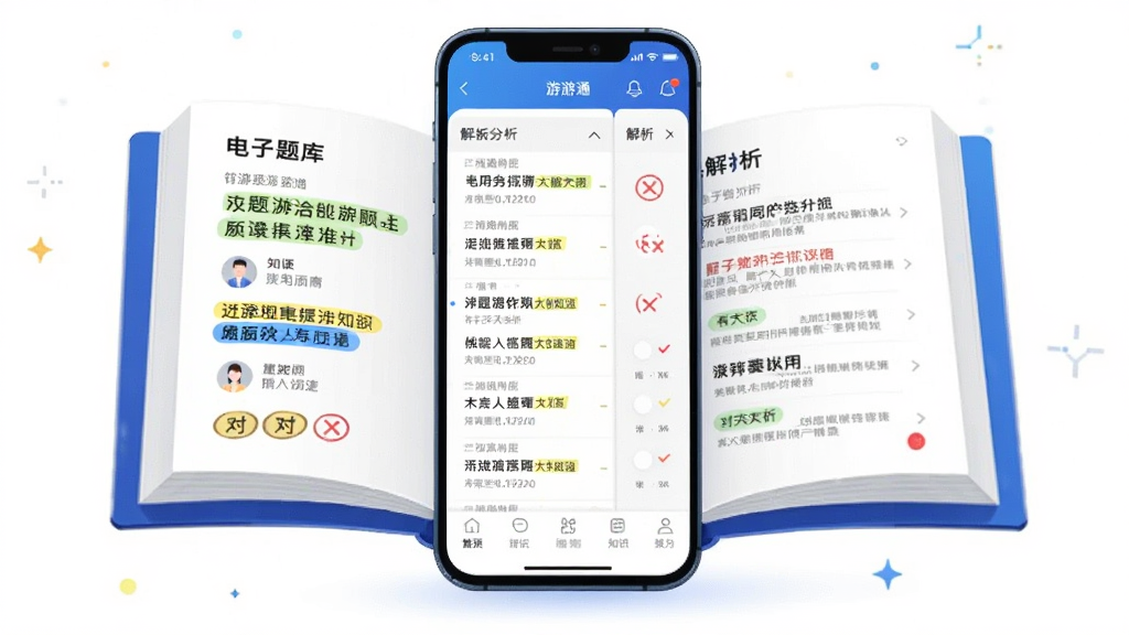 主体为一本翻开的电子题库界面悬浮在手机屏幕上方,屏幕内显示导游通应用中的题目列表与解析面板,布局为手机居中、书籍元素环绕左右,排版左题右析,风格为教育科技感插画,细节包含高亮标记、对错符号、知识标签,画质高清,画面干净,无多余元素