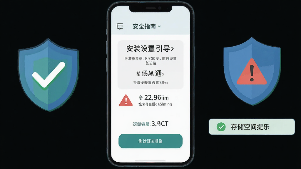 主体为一部手机屏幕显示导游通安装设置引导页面,旁边有盾牌安全图标与存储空间提示条,布局为手机居中、图标分列两侧,排版上提示下按钮,风格为安全指南类扁平插画,细节包含绿色对勾、红色警示三角、存储容量数字,画质高清,画面干净,无多余元素