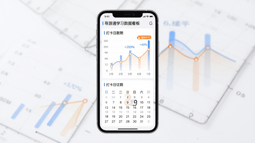 主体为手机屏幕展示导游通学习数据看板,包含柱状图、折线图、打卡日历,布局为手机居中、图表分区排列,排版上数据下日历,风格为简约商务数据风,细节包含蓝色与橙色数据条、百分比标签、连续打卡火焰图标,画质高清,画面干净,无多余元素
