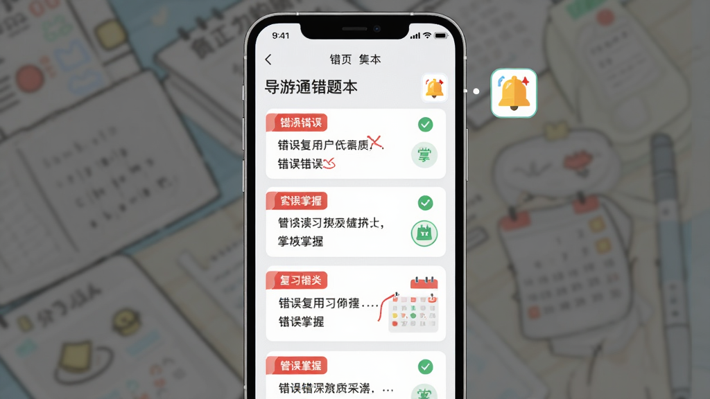 主体为手机屏幕显示导游通错题本界面,错题卡片按红色标签分类排列,旁边有复习提醒铃铛图标,布局为手机居中、卡片纵向排列,排版上标题下列表,风格为清新学习类APP插画,细节包含红色错误标记、绿色掌握标记、日历提醒元素,画质高清,画面干净,无多余元素
