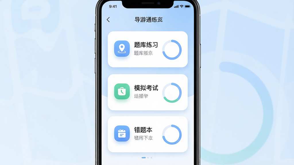 主体为一部竖屏智能手机,屏幕中央显示导游通应用主界面,包含题库练习、模拟考试、错题本三个功能卡片,背景为淡蓝色渐变,布局居中对称,排版简洁清晰,风格为现代扁平化UI设计,细节包含圆角图标、柔和阴影、进度环,画质高清,画面干净,无多余元素