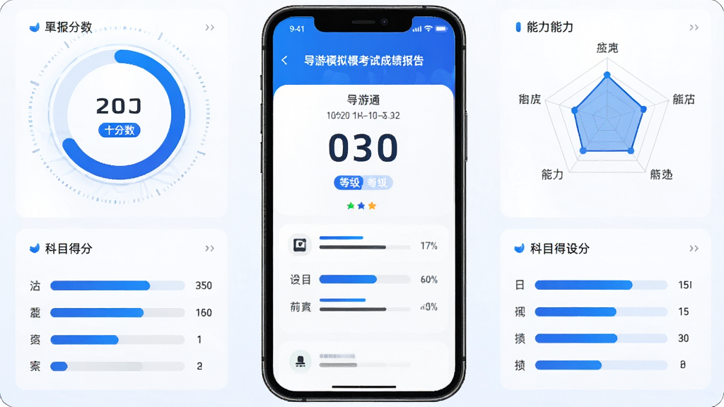 主体为手机屏幕展示导游通模拟考试成绩报告页面,包含分数圆环、能力雷达图、科目得分条,布局为手机居中、数据图表环绕,排版上分数下图表,风格为数据可视化科技风,细节包含蓝色主色调、进度条、等级标签,画质高清,画面干净,无多余元素