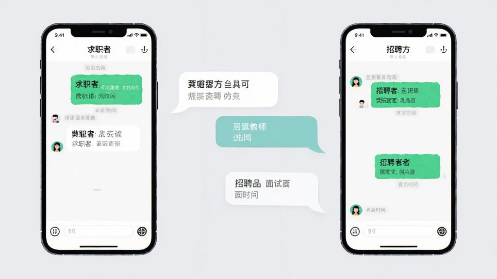 画面主体是两部手机并排展示万行教师聊天界面,左侧手机显示求职者发送消息右侧手机显示招聘方回复消息,两部手机之间有对话气泡连接,背景是淡灰色,布局为左右对称构图,风格为现代简约插画风,细节上聊天气泡中包含岗位名称和面试时间文字,画质清晰干净无多余元素