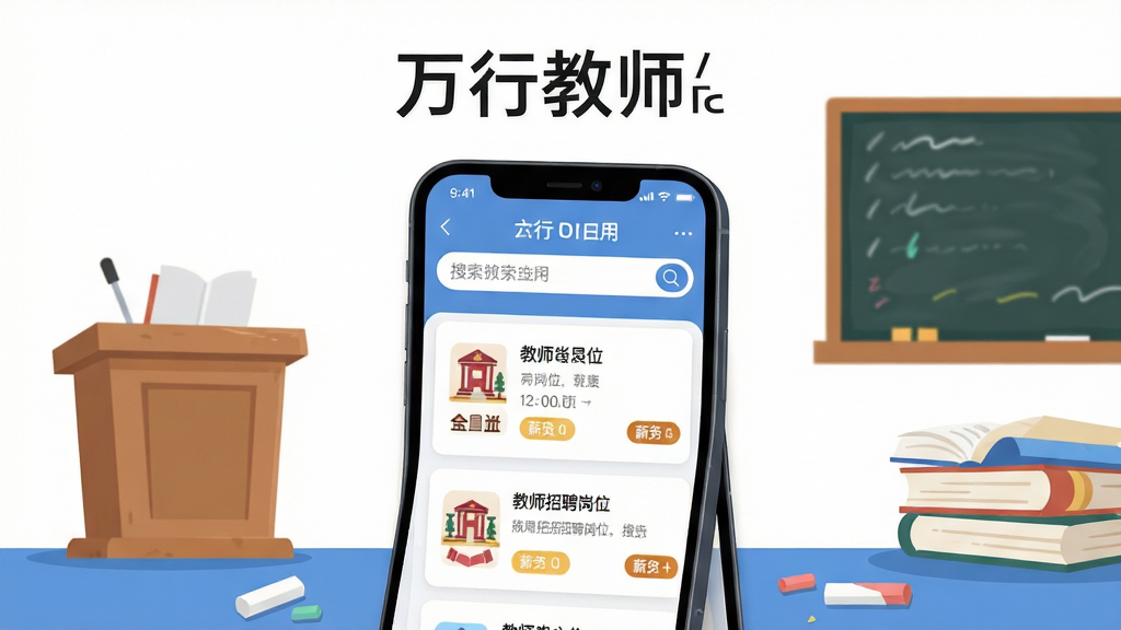 画面主体是一部智能手机竖屏展示万行教师应用首页界面,界面中包含教师招聘岗位列表和搜索框,手机周围环绕着讲台、黑板、书本、粉笔等教育元素,布局采用居中构图手机略微倾斜,排版上方留白放置应用名称文字,风格为清爽现代的扁平化插画风,细节上岗位卡片带有学校图标和薪资标签,画质高清干净无多余元素