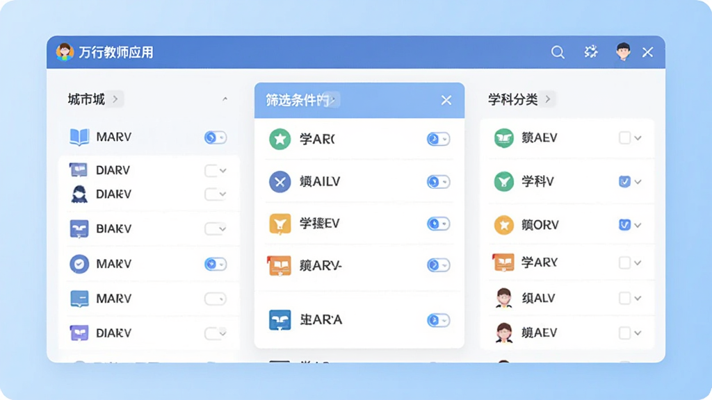 一张信息图表风格的插画,画面中央是万行教师应用界面展示筛选条件面板,左侧是城市列表右侧是学科分类,背景是浅蓝色渐变,布局为左右分栏结构,风格为简洁的UI展示图,细节上每个筛选项带有小图标,画质清晰干净无多余元素