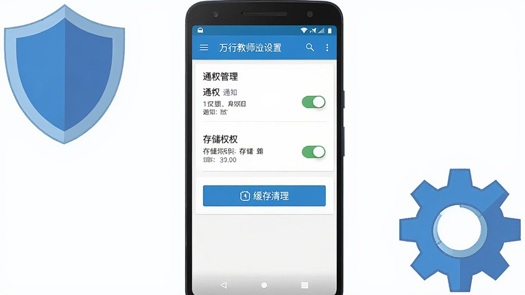 画面主体是一部安卓手机展示万行教师应用设置页面,页面上有权限管理开关和缓存清理按钮,手机旁边有一个盾牌图标和齿轮图标,布局为手机居中盾牌在左上角齿轮在右下角,风格为扁平化科技插画风,细节上设置页面包含通知开关和存储权限选项,画质高清干净无多余元素