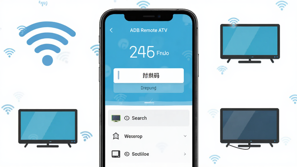 ADB Remote ATV软件界面展示无线配对流程,手机屏幕中央显示配对码输入框与设备搜索列表,周围环绕WiFi信号图标与电视设备图标,风格扁平化设计,色彩清爽,画质清晰,干净无多余元素