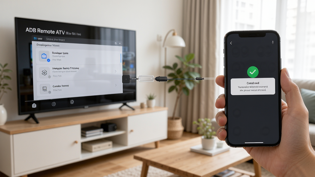 ADB Remote ATV使用场景示意图,画面中一只手拿着手机操作软件连接客厅电视,电视屏幕显示开发者选项无线调试页面,手机屏幕显示连接成功提示,整体风格生活化写实,光线明亮,画质清晰,干净无多余元素