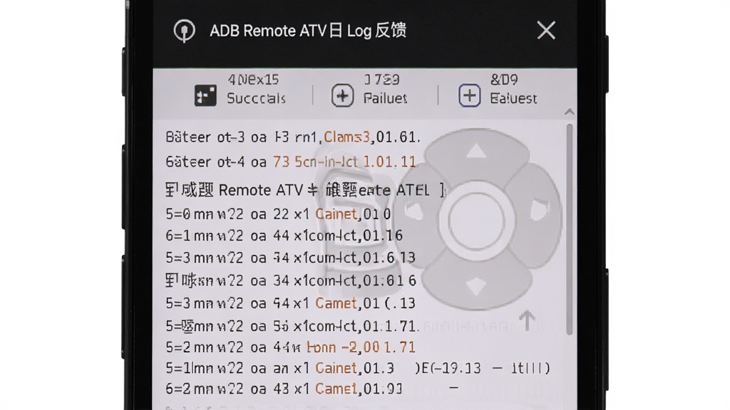 ADB Remote ATV日志反馈界面,手机屏幕下半部分显示滚动文本日志窗口,上方为设备连接状态栏,日志内容包含成功与失败提示行,风格写实,画质清晰,干净无多余元素
