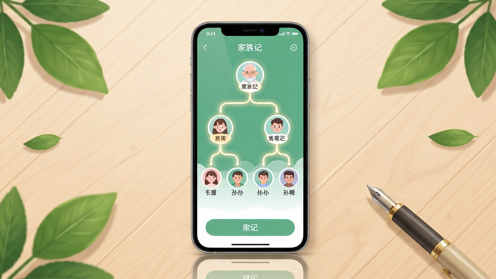 画面主体为一部智能手机屏幕,屏幕内显示族记应用的家族树界面,树状结构从顶部祖辈向下分支到孙辈,每个节点带有姓名与头像;布局为手机居中放置于浅色木质桌面,周围散落几片绿叶与一支笔;排版上手机屏幕占据视觉中心,背景简洁;风格为清爽的产品展示插画,光线柔和;细节包括屏幕内节点之间的连线带有微弱高光、界面按钮圆润、桌面有轻微倒影;画质清晰,画面干净,无多余元素