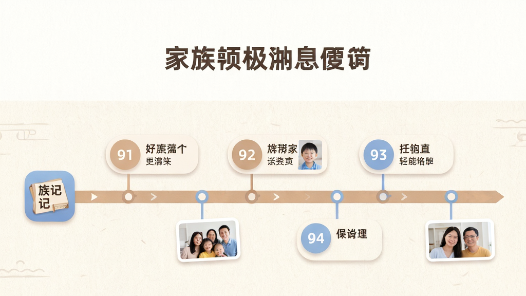 画面主体为一条横向展开的家族时间轴,时间轴上分布着若干圆形事件图标,每个图标旁配有简短文字标签与小型照片,时间轴一端连接着族记应用图标;布局为横向铺满画面,时间轴位于中央偏下位置;排版上留出上方空白用于标题文字;风格为扁平化信息图风格,配色以米白、浅棕与柔蓝为主;细节包括时间轴上的小箭头、事件卡片圆角、背景有淡淡的纸张纹理;画质清晰,画面干净,无多余元素