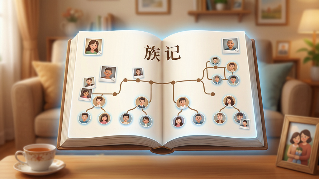 画面主体为一本悬浮在空中的发光电子家谱书,书页展开后呈现树状家族关系图,节点以圆形头像图标表示,连线清晰有序;布局为居中构图,书本占据画面中央,背景为温暖的家庭客厅虚化场景;排版上书名位置留白,适合放置“族记”二字;风格为温馨写实的数字插画风,色调以暖木色与柔光蓝为主;细节包括书页边缘的细微光晕、节点旁的小照片缩略图、桌面上的茶杯与相框;画质高清,画面干净,无多余元素