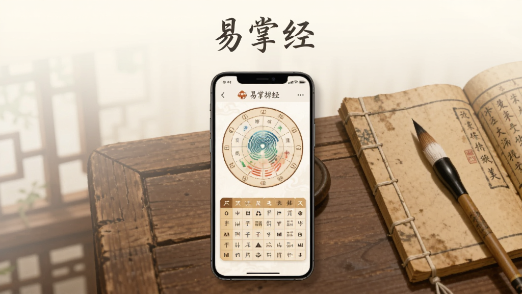 画面主体为一部竖屏智能手机,屏幕中央显示传统易学排盘界面,包含圆形掌纹图与八字干支表格,手机放置在一张木质书桌上,旁边搭配一本翻开的线装古籍与一支毛笔,整体布局为居中构图,上方留白用于放置软件名称
