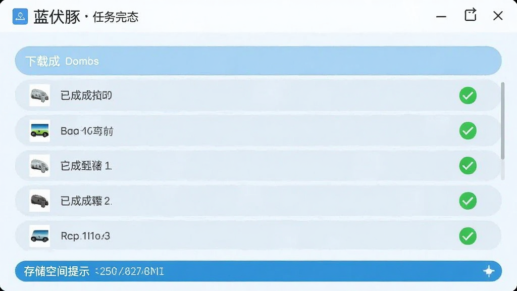 蓝伏豚下载任务完成状态界面,画面展示已完成文件列表与绿色对勾标识,底部有存储空间提示条,整体风格清爽浅色,布局清晰,画质干净,无多余元素