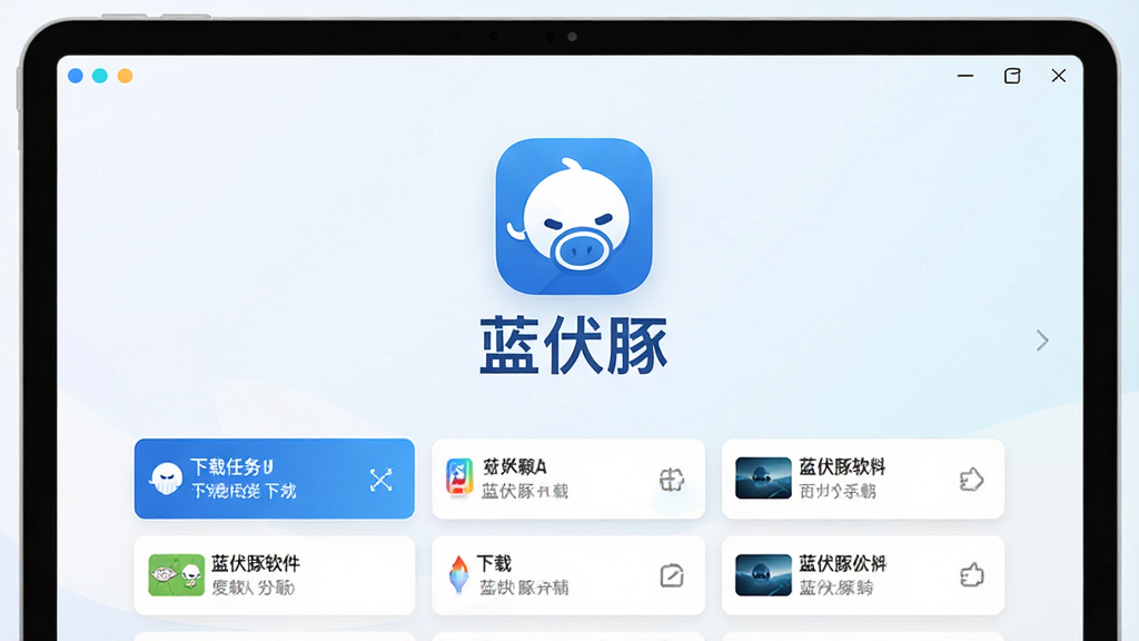 蓝伏豚软件主界面展示,画面中央为蓝白配色的软件图标与名称“蓝伏豚”,下方排列下载任务列表卡片,背景为浅色渐变,风格简洁清爽,细节清晰,画质干净,无多余元素