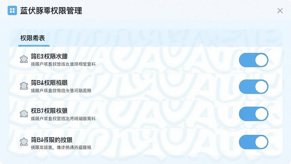 蓝伏豚权限管理界面,画面展示权限列表与开关按钮,每项权限旁配有简短说明文字,界面风格清新浅色,布局规整,画质干净,无多余元素