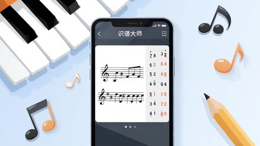 画面中央放置一部智能手机,手机屏幕上显示识谱大师软件的乐谱识别界面,左侧是五线谱图案右侧是简谱数字对照,手机周围散落着钢琴键、音符符号和铅笔等音乐学习元素,背景为柔和的浅蓝色渐变,整体采用扁平化插画风格,细节清晰,画质干净明亮,无多余装饰元素