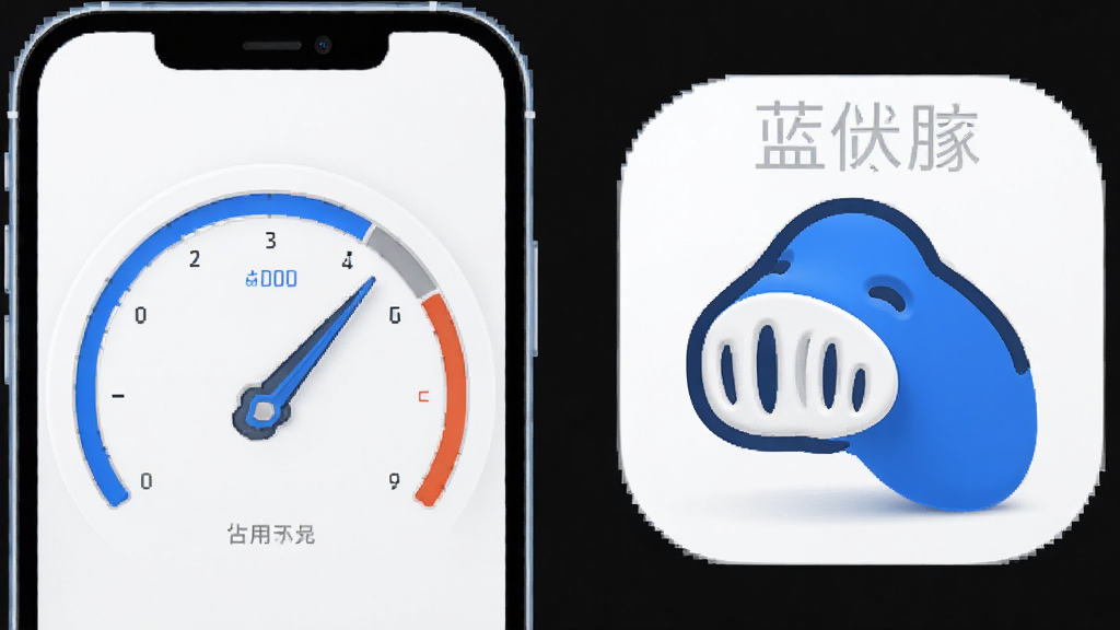 蓝伏豚轻量运行概念图,画面左侧为手机轮廓与低占用仪表盘指针,右侧为蓝伏豚图标,整体风格简约科技感,配色以蓝白灰为主,细节清晰,画质干净,无多余元素
