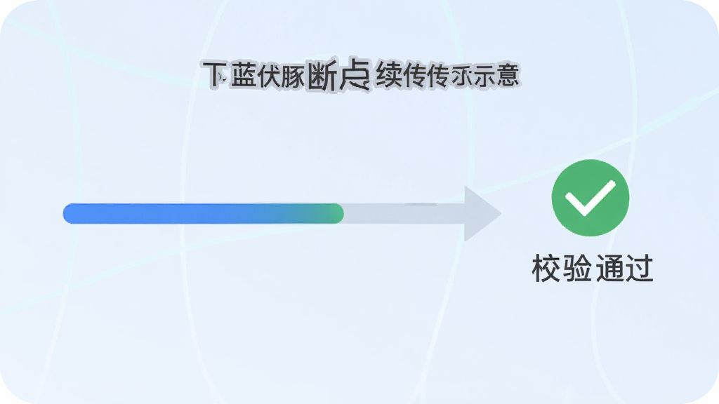 蓝伏豚断点续传功能示意,画面展示一条下载进度条从中间恢复继续前进,旁边有对勾校验图标与“校验通过”字样,背景为柔和浅蓝色,风格简洁,画质干净,无多余元素