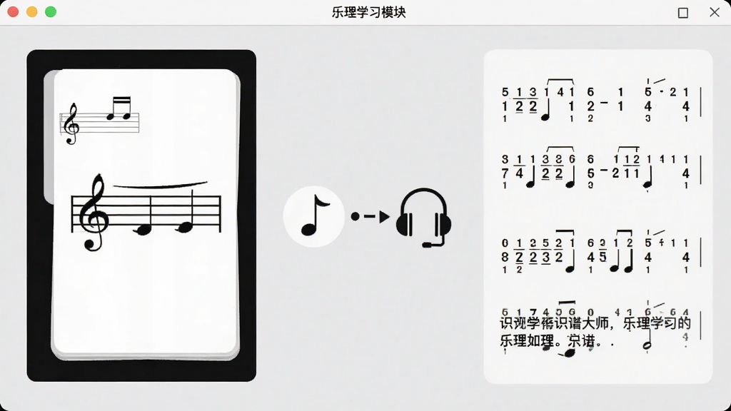 画面呈现识谱大师软件界面中的乐理学习模块,屏幕左侧显示五线谱音符卡片,右侧显示对应的简谱数字和乐理说明文字,画面中央有音符图标与耳机图标相连,背景为浅灰色简约风格,布局整齐,画质干净,无多余元素