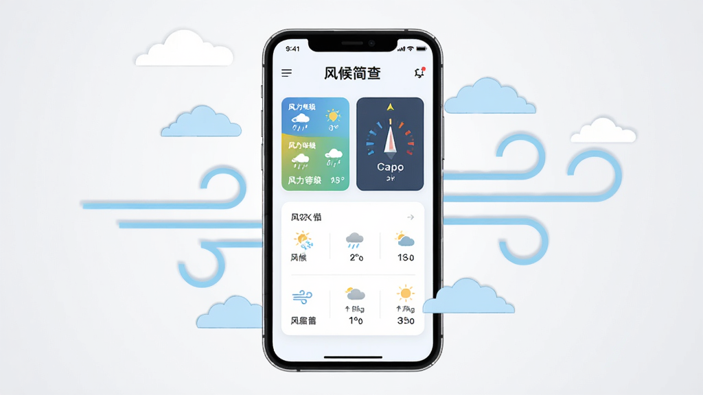 画面中央放置一部智能手机,手机屏幕显示“风候简查”应用主界面,界面上有风力等级卡片、风向指示图标和简洁的天气数据面板,手机周围环绕浅蓝色风线条与云朵图形,整体采用扁平化插画风格,背景为干净的浅灰渐变,排版居中对称,细节清晰,画质干净无多余元素
