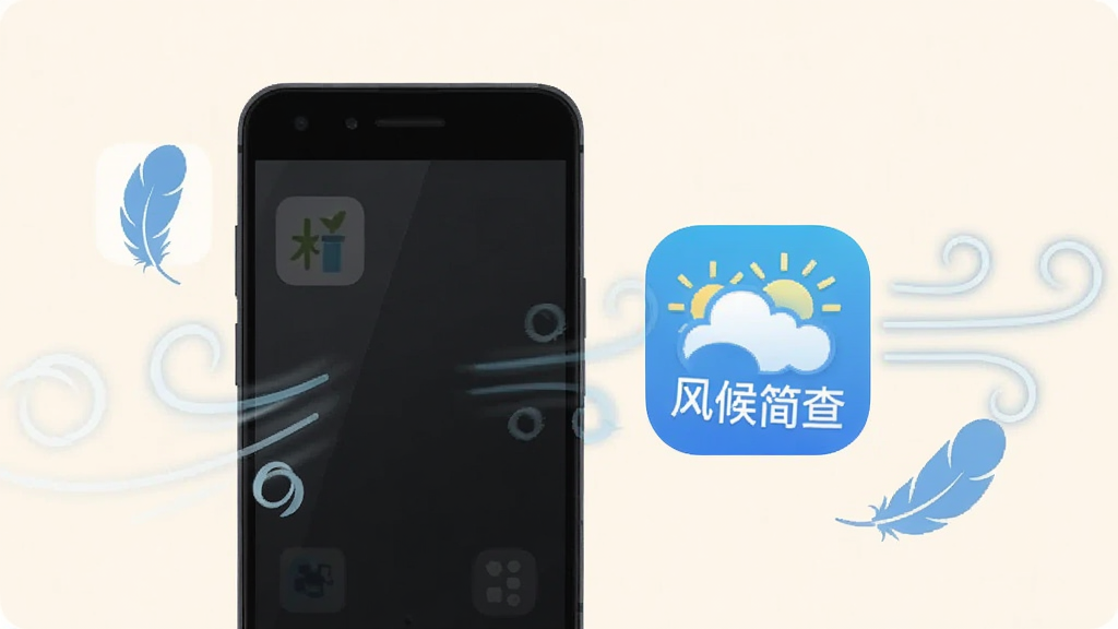 一部安卓手机与轻量应用图标组合展示,手机旁有“风候简查”应用图标,周围环绕羽毛与轻风线条象征轻量运行,背景为浅色简约风格,排版居中,画质干净,无多余装饰