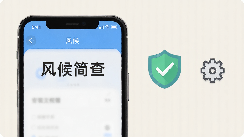 一部手机屏幕显示“风候简查”应用界面,旁边放置一个带勾选标记的盾牌图标与齿轮设置图标,象征安装安全与权限设置,背景为浅色简约风格,排版整洁,画质干净,无多余元素