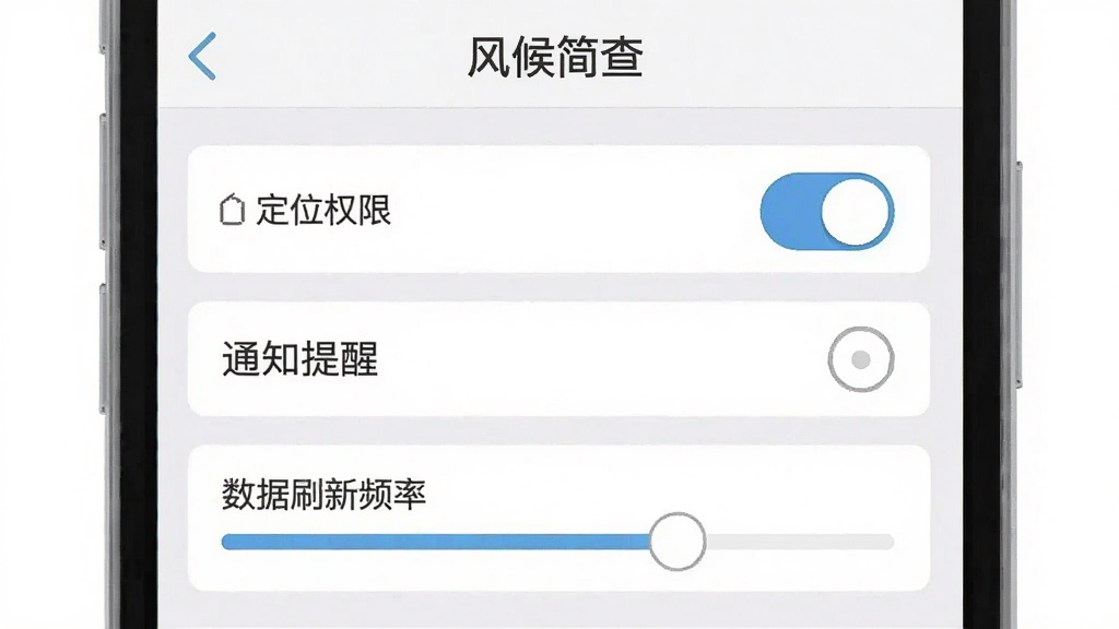 手机应用设置界面截图风格插画,屏幕显示“风候简查”设置页面,包含定位权限开关、通知提醒选项与数据刷新频率条目,界面排版整齐,浅灰与白色搭配,扁平化图标风格,画质干净无杂乱元素