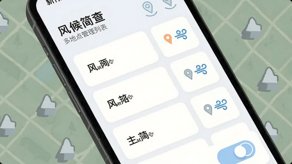 手机屏幕展示“风候简查”多地点管理列表,列表中包含多个城市名称与对应风力小图标,界面采用浅色卡片式排版,旁边配有定位标记与切换按钮,扁平化设计风格,整体干净清爽,画质清晰