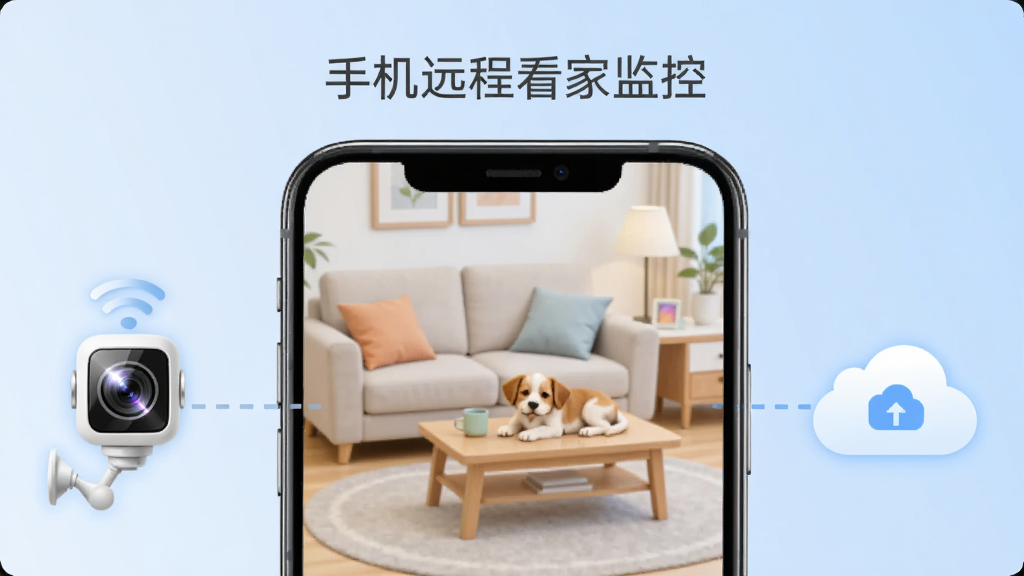 画面主体是一部竖屏智能手机,屏幕中央显示着家庭客厅的实时监控画面,画面中有沙发、茶几和一只趴着的小狗,手机屏幕上方悬浮着
