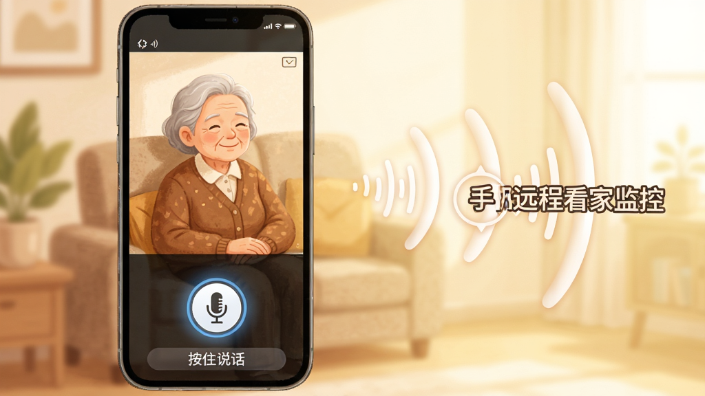 画面主体是一部手机,屏幕显示监控画面中一位老人坐在沙发上,手机屏幕下方有一个醒目的麦克风按钮和高亮的