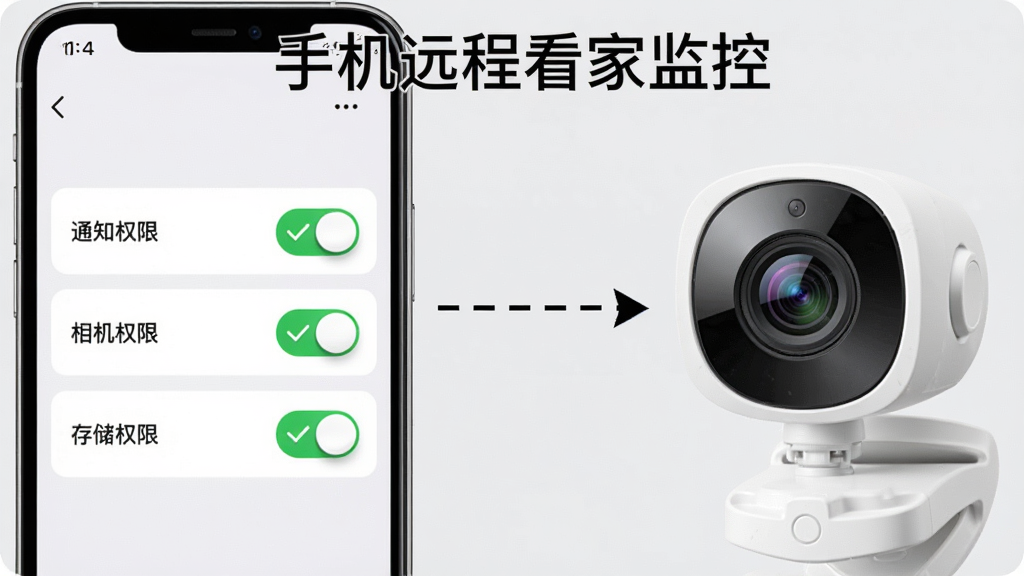画面主体是一部手机和一台家用摄像头并排摆放,手机屏幕显示权限设置界面,界面中