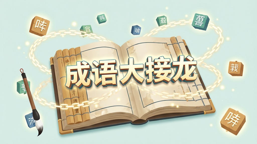 画面主体为一本翻开的古风线装书,书页上浮现出“成语大接龙”五个立体发光汉字,周围环绕着接龙链条状的光点与漂浮的成语方块,布局以书本为中心向四周发散,排版疏密有致,风格为清新国风融合现代扁平插画,细节包含毛笔、竹简纹样与柔和光晕,画质高清、画面干净、无多余元素