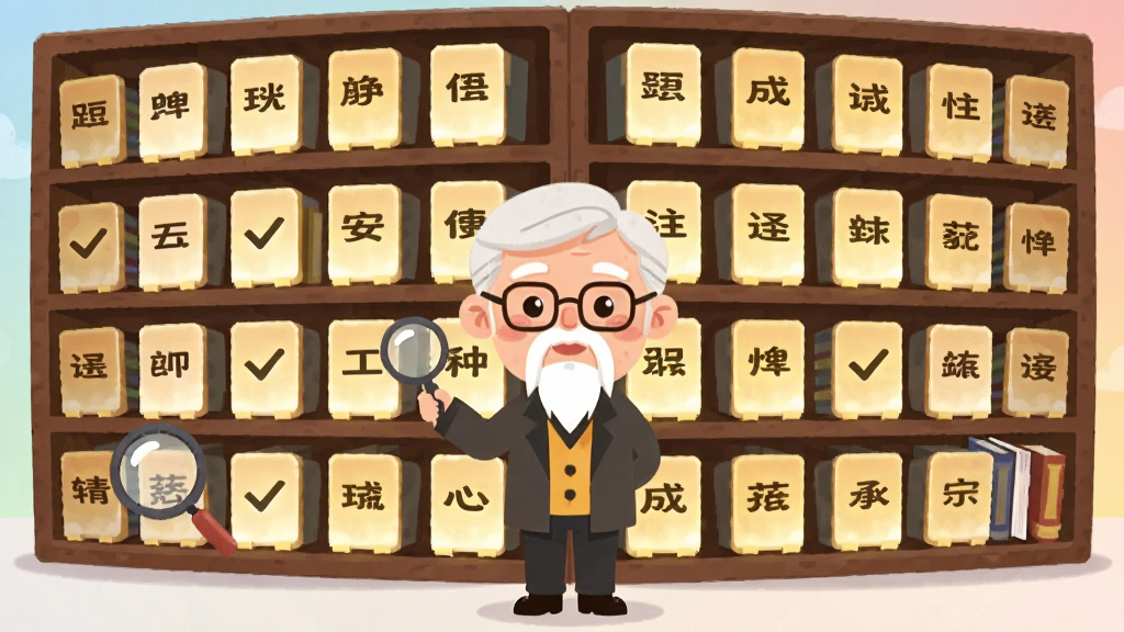画面主体为一位卡通学者形象站在巨大的成语书架前,书架上整齐排列着发光成语卡片,布局为学者居中、书架向两侧延伸,排版采用左右对称结构,风格为扁平化教育插画,细节包含放大镜、对勾标记与柔和渐变背景,画质清晰、画面干净、无多余元素