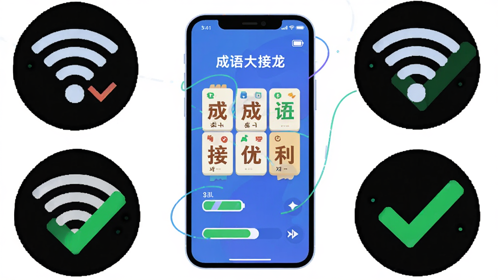 画面主体为一部智能手机屏幕显示“成语大接龙”游戏界面,屏幕外环绕着WiFi断开图标与绿色对勾,布局为手机居中、图标环绕四周,排版简洁明快,风格为科技感扁平插画,细节包含电池图标、存储空间条与流畅线条,画质高清、画面干净、无多余元素