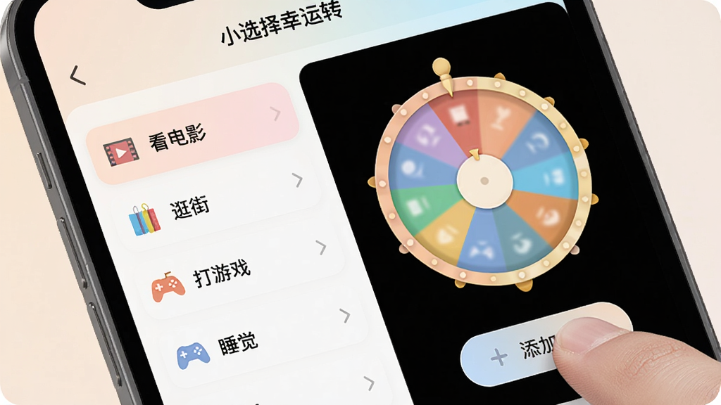 手机应用界面特写,画面中“小选择幸运转”的转盘编辑页面,左侧是选项列表包含“看电影”“逛街”“打游戏”“睡觉”,右侧是彩色转盘预览图,手指正在点击添加新选项按钮,界面配色柔和,布局清晰,风格简约现代,画质细腻,干净整洁