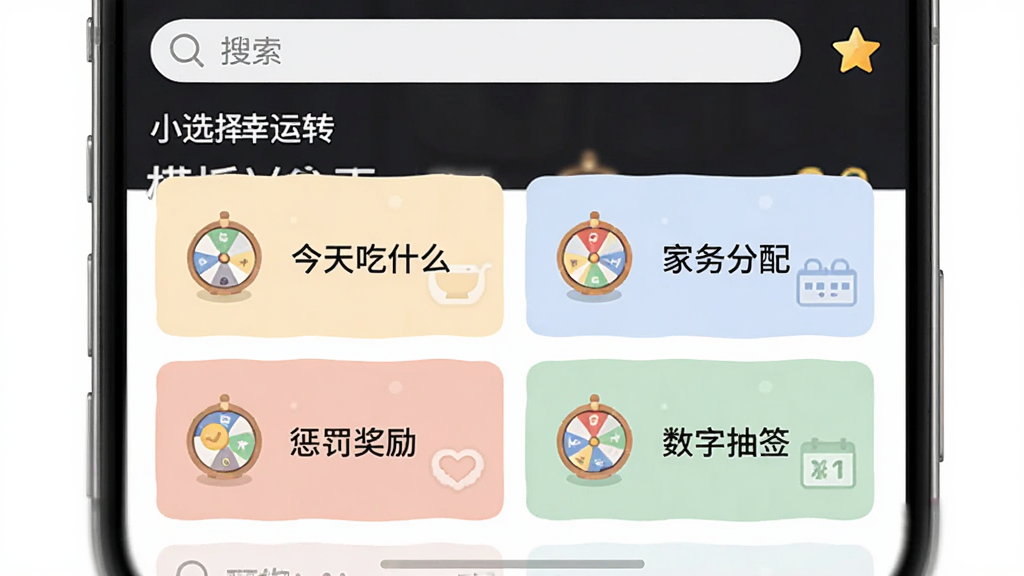 手机应用首页截图,展示“小选择幸运转”的模板卡片列表,卡片上分别写着“今天吃什么”“家务分配”“惩罚奖励”“数字抽签”,每张卡片配有对应的迷你转盘图标和柔和底色,顶部有搜索框和收藏星标,界面风格清爽规整,画质清晰,无杂乱元素